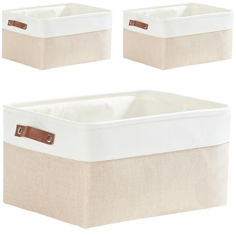 Mangata Aufbewahrungsboxen, 41x31x25cm Stoff Aufbewahrungskörbe mit zwei Griffen, 3er-Set für Kleiderschrank, Unterwäsche, Bücher, Kosmetik, Khaki und Weiß