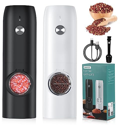 Set di 2 macinini elettrici per sale e pepe (2 pezzi), ricaricabile tramite USB, funzionamento con una sola mano, macina macinapepe regolabile, macina macinapepe con luce LED, macinapepe automatico