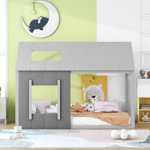 WIZBED Hausbett 90 x 200 mit Rausfallschutz und Lattenrost, Kinderbett in Hausform, Einzelhaus Flachbett mit Dach und Fenster, ohne Matratze, Hellgrau