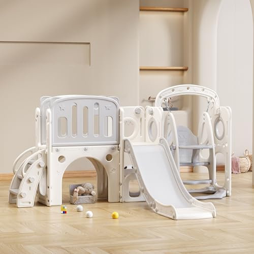7 in 1 Kinderrutsche Indoor und Outdoor für ab 1-5 Jahr, Kinder Spielplatz mit Rutsche, Schaukel, Plattform, Unterschrank, Lochbohrspiel, Basketballkorb und Treppe, Gartenrutsche (Grau+Weiß)