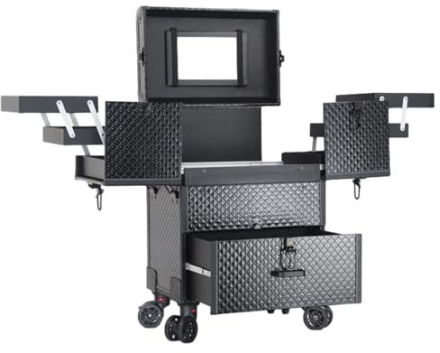 Make Up Koffer Professionell Schminkkoffer, Kosmetikkoffer Mit 4 Rollen, Trolley-Koffer, Kosmetikkoffer Alu Beauty Case, Professioneller Reise Make Up Tasche Artist Train Case Trolley, Schwarz