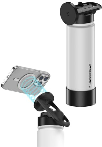 Scosche MFMS22 MagicMount Flask Edelstahl-Wasserflasche mit MagSafe-Handyhalterung, 12 Stunden heiß und 24 Stunden kalt, isolierte Flasche mit magnetischer Handyhalterung für Fitnessstudio, Auto,
