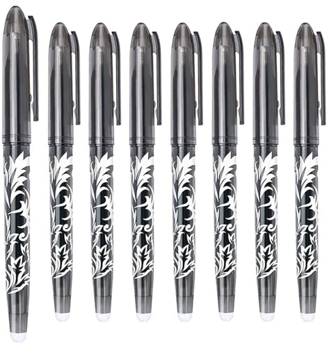 ZPLASK 8PCS Erasable Pens - Rub Out Pens - Black Ink, 0.5mm, With Rubbers