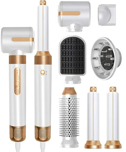 7-in-1 Air Styler, 110000 RPM High-Speed Negative Ionic Hair Dryer with Left and Right Curling Barrel, Straightening Comb, Wind Hood, Concentrator and Curlng Comb, Air stylers for Women (White)