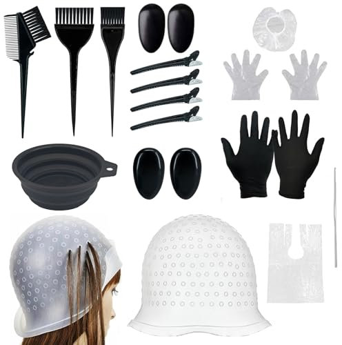 18 Teile Haar Färben Set,Silikon Haarfärbe Kappen,DIY Beauty Salon Kit,Strähnchenhaube Mit Löcher,Haartönungsschale,Färbebürste,Ohrabdeckung,Handschuhe,Haarhaken,Haarspangen,Kiuiom