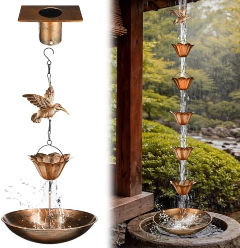 MorningRo Brass 8.5ft Rain Chains for Gutters Outside with Anchor Basin 12 Cups Rain Chain Catcher Downspout Replacement Adjustable Metal Garden Rainwater Divert for Eaves Drainage (Bird)