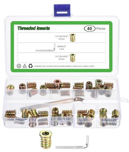 sourcing map 40Pcs 1/4-20x19/32 Threaded Inserts Nuts, Zinc Alloy Hex Socket Drive Screw-in Nut Threaded Inserts with 1Pcs Hex Wrench, Wood Inserts Bolt Assortment Kit for Wood Furniture