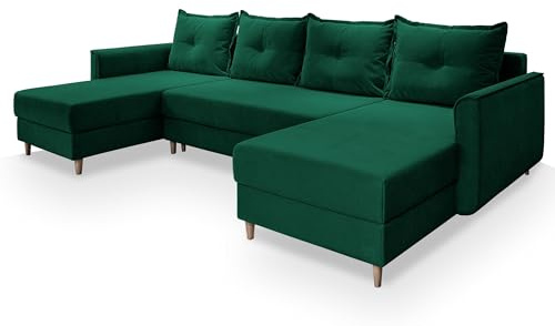 Masseno Ecksofa Verni mit Schlaffunktion U-Form, Sofa mit Bettkasten, Wohnzimmersofa, Couch, Soffa, Bettsofa, Couchgarnitur- Grün, Kronos 19