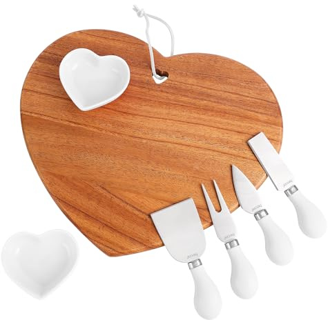 hecef 7pcs Cheese Board Set, Charcuterie Boards Set with Knives & Ceramic Bowls, Heart-shape Serving Board Set for Birthdays, Weddings, Housewarming (White)