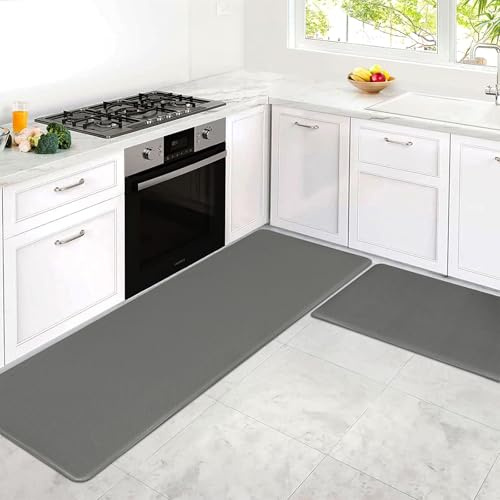 MARLOW Kitchen Rugs, PU Kitchen Mats Set 2 Piece, Anti Fatigue Kitchen Mats, Cushioned Runner Rug, Thick Waterproof Non-Skid Ergonomic Comfort Foam Rugs, for Sink Laundry, Grey, 44x74cm+44x150cm