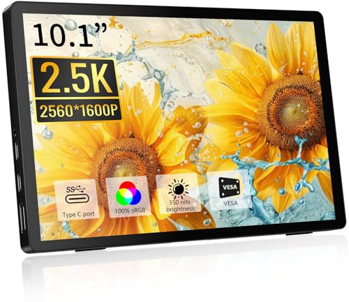 Pisichen Tragbarer Monitor 10,1 Zoll QHD 2,5K (2560 x 1600) IPS Display, HDMI USB C Small Portable Monitor für PC Laptop Xbox PS4, Integrierte Lautsprecher