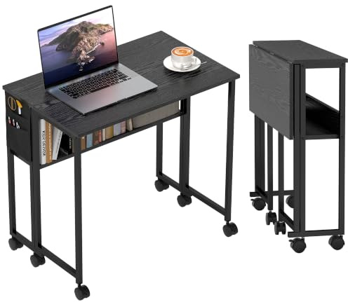 HOMCOM Scrivania Salvaspazio Pieghevole a Ribalta, 80x50x75 cm Nero | Scrivania Piccola con Ruote a Freno, Scaffale e Tasca Portaoggetti, Tavolo Computer Richiudibile, per Casa Studio e Ufficio