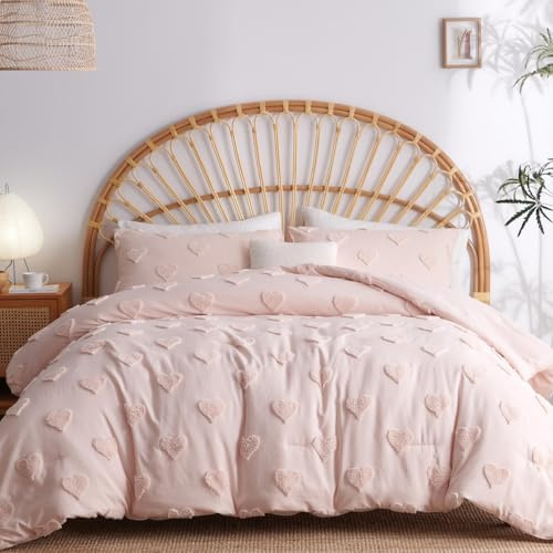 Lanqinglv Bohème Housse de Couette 200 x 200 cm Coeur Rose + 2 taie d'oreiller 65x65cm,Adulte Ado Tuftée Broderie Parure de Lit 2 Personnes Linge de lit Avez Fermeture Éclair,Motif du cœur