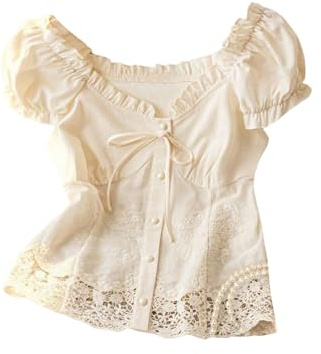 SOLY HUX Women's Sweetheart Neck Frill Bow Tie Front Blouse Puff Sleeve Floral Embroidery Button Down Summer Tops Plain Apricot Medium