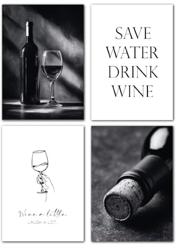 LAVEMA Wein Küchenbilder Schwarz Weiß Wanddeko Esszimmer Poster Set A4 (21x30cm) Bilder Küche Modern Bilderwand stilvolle Küchendeko Kitchen Vintage Wandbilder Aesthetic Wandposter ohne Bilderrahmen