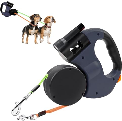 3m Rollleine für 2 Hunde, Doppelleine Hundeleine mit LED-Licht, 360° Drehbar, Reflektierendes Nylon, Verstellbar, für Kleine & Große Hunde, Blau