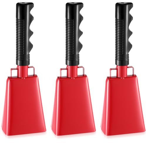 Yeshone 3 Pcs 8.6'' Steel Red Cow Bells Noise Makers with Handles Solid Cheering Cowbells for Sporting Events,Football Soccer Hockey Baseball Basketball Party Games Farm Ranch