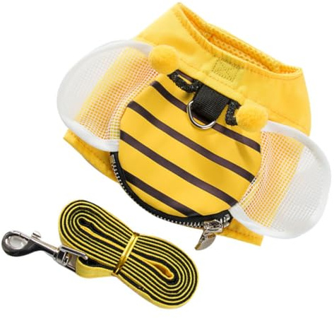 SHINEOFI Yellow Bee Pattern Dog Vest Harness Set with Chest Strap and Thick Rope for Puppies and Pets Breathable Mesh No-pull Pet Harness for Comfortable Outdoor Walking