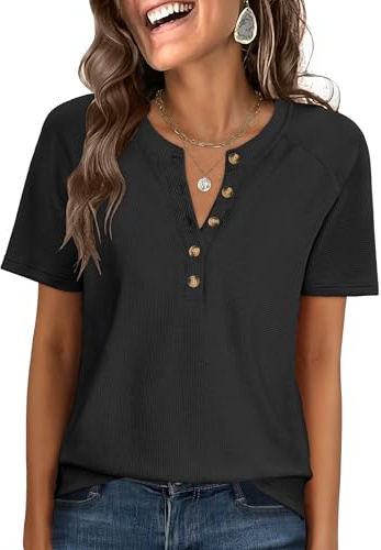 ANRABESS Women's Waffle Knit Henley Top Short Sleeve Shirts Black