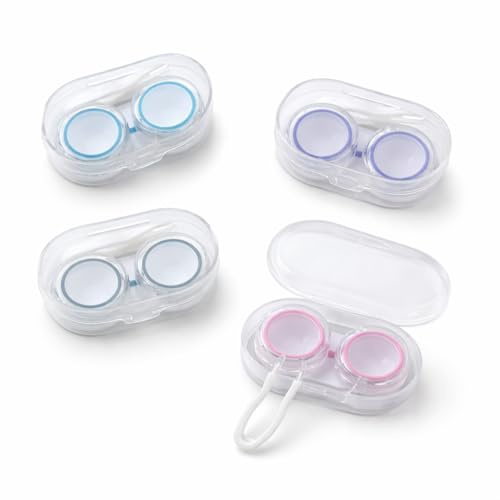 CAYLEKI 4 Pack Contact Lens Cases with Clear Outer Box and Colourful Silicone Seals – Leakproof Dual Holders with Tweezers and Wearing Stick for Travel and Daily Use (4 Pack with Tool)