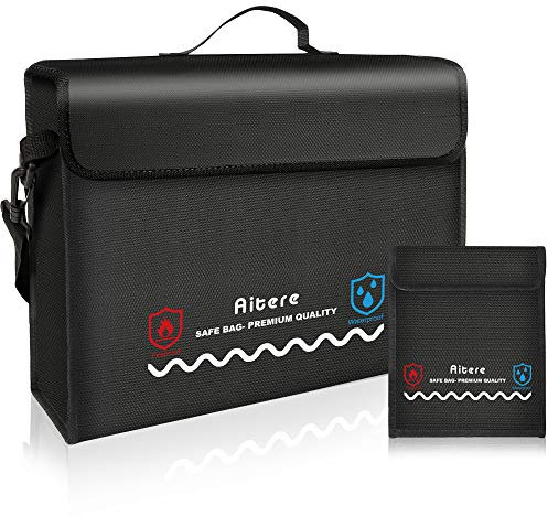 Aitere Feuerfeste Dokumententasche 43 x 31 x 15cm Feuersichere wasserdichte Hülle Beutel Behälter für A4 Dokumente Passport Bankdatei Geld Wertsachen Bonus-Tasche und YKK-Reißverschluss