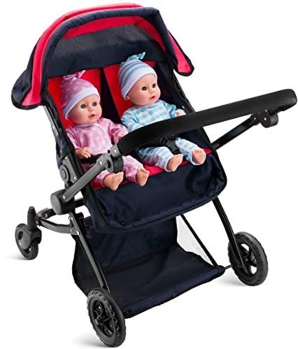 Double Doll Stroller for Twin Baby Dolls - Convertible Seat Toy Stroller for Toddlers 3 Years and up, Adjustable Handle with Storage Basket, Red Design for Kids