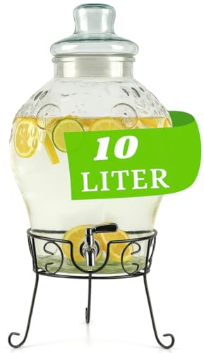 Monster24 10 Liter Getränkespender mit tropfsicherem Zapfhahn aus Edelstahl – Wasserspender, Bowle-Gefäß aus Glas mit stabilem Metallständer und Glasdeckel – BPA-freier Limonadenspender