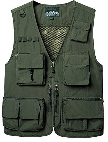 KTWOLEN Herren Anglerweste Sommer Leicht Schnelltrockenweste Funktionsweste Outdoor Fotografie Hundesport Weste Ärmellos Safari Weste mit Viele Taschen, Grün, 3XL