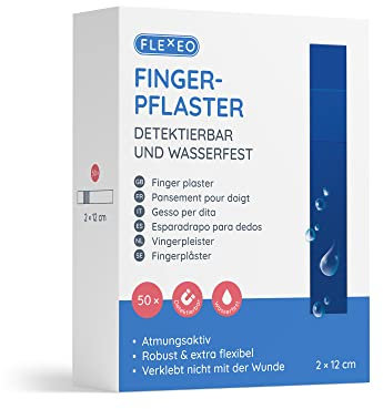 Pflaster detektierbar & wasserfest - in Blau 2cmx12cm - Fingerpflaster Set 50 Stück - detectable waterproof bandaid - Pflasterset ideal für Lebensmittelindustrie