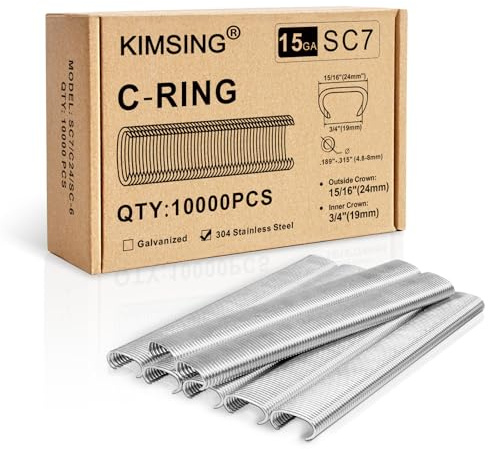 Kamsin K-SC7E Herramienta neumática de anillo de cerdo de calibre 15 con nariz larga, grapas de anillo de cerdo de corona de 3/4 pulgadas (grapas 304SS SC7 (10,000 piezas/caja)) | Corona int. 19mm - ext. 24mm, cierre 4,8-8mm, para pinzas C 15GA, jaulas animales & asientos auto