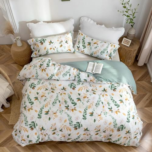 MILDLY Bettwäsche 155x220 Baumwolle, Bettwäsche-Sets mit Pflanzenmuster, Reißverschluss, ÖkoTex Zertifiziert, Enthält 1 Bettbezug 155x220 und 1 Kissenbezug 80x80, Grün（Kaelyn）