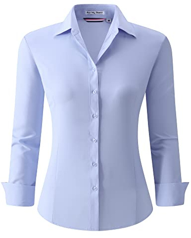 Alex Vando Blusa para mujer de manga larga, camisa para mujer elástica - Camisas de negocios con botones, sin plancha, camisa de trabajo, blusas, tops, trabajo, S