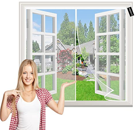 Magnetic Screen Window Mesh Curtain White 55x90cm Anti Mosquito Mesh Fly Curtain with Full Frame Hook&Loop,Seal Automatically Without Drilling Easy to Install