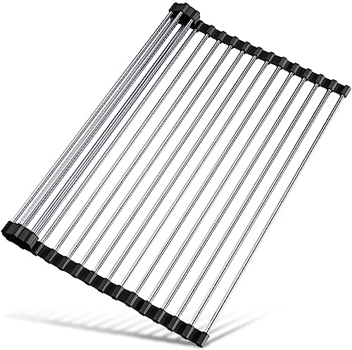 Tomorotec Abtropfgestell Geschirr, Aufrollbares Abtropfgitter für Spüle, Faltbare Edelstahl Geschirrständer, Küchen Organizer, Abflussmatte für Tassen, Obst, Gemüse, 45 x 40 cm (Schwarz)