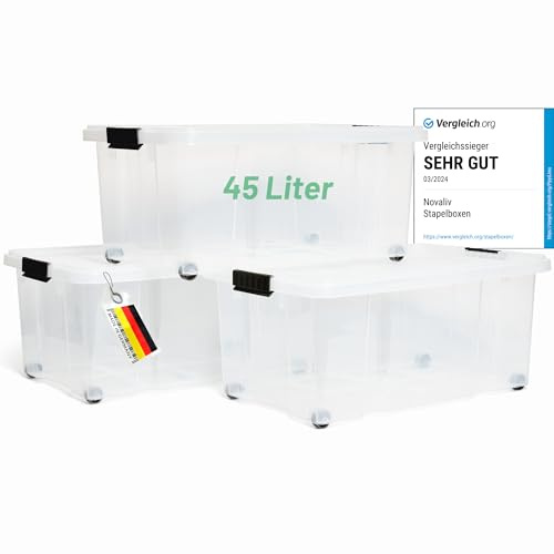 Novaliv 3x Aufbewahrungsboxen mit Deckel Groß 45L transparente Nestbar stapelbar mit Clipverschluss Rollboxen Kunststoff BPA-frei 61x40x26 cm