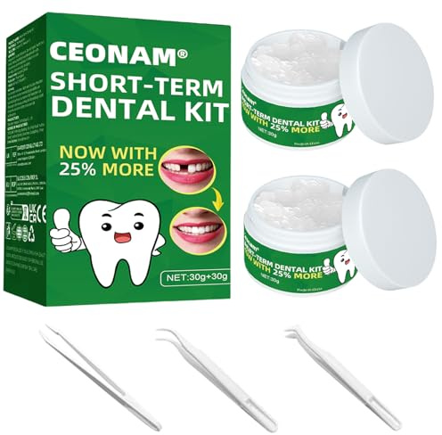 Ceonam Zahnreparatur-Set – 60 g temporäre künstliche Zähne Ersatz Perlen Kit mit 3 Stück Zahnpinzette Werkzeuge für temporäre Wiederherstellung von fehlenden und gebrochenen Zähnen Ersatz Zahnersatz