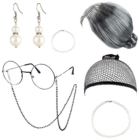 7 Pièces Déguisement Vieille Dame, Kit de Deguisement Grand Mere Vieille Dame Déguisement Accessoire, Grand Mère Perruque Kit de Deguisement