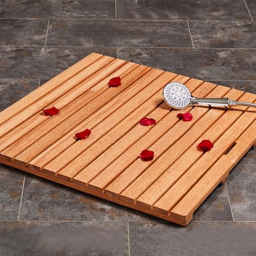 KDDEON Rectangular Wooden Bath Mat,Bathroom Shower Bath Mat,Bamboo Bath Mat for Shower,Spa And Sauna,Waterproof Anti-Slip Mat,Handle Design,Shower Room Duck Board,Wooden Floor Mat (30x30cm/12x12in)