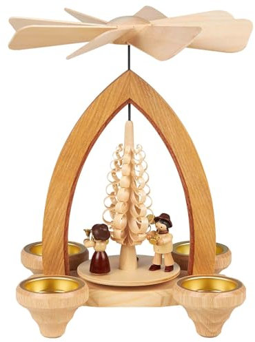 Seiffener Volkskunst Lorenz | Moderne Erzgebirgische Weihnachtspyramide | Teelichtpyramide Pyramide aus Holz | Weihnachtsdeko | 25 cm | Bläsertrio