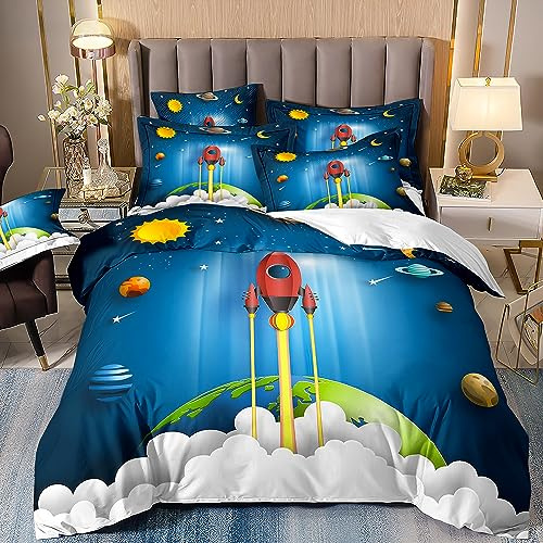 Freyamy 3D Rakete Bettwäsche 135x200cm 2teilig Blau Rot Weltraum Rocket Jungen Kinderbettwäsche Weltall Jugendliche Kinder Bettwäsche Microfaser Bettbezug mit Reißverschluss und Kissenbezug 80x80cm