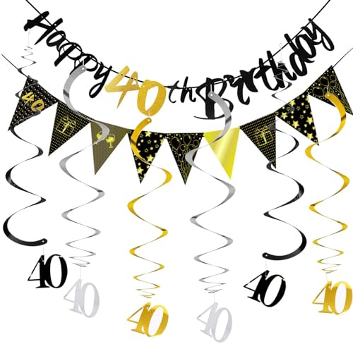 40. Geburtstag Deko Set - Banner, Luftschlangen, Girlande Gold, Spiralen Deko für Männer und Frauen