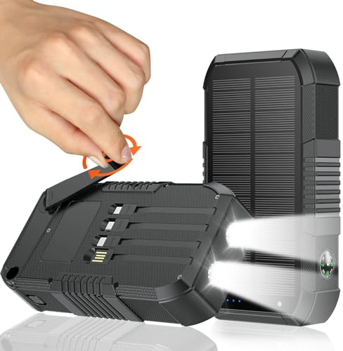 kigoker Solar Power Bank 66800mAh Built in Hand Crank and 4 Cables 22.5W Fast Charge, Camping Essentials with SOS/Strobe/Strong Flashlights, Compass Portable Charger (Black)