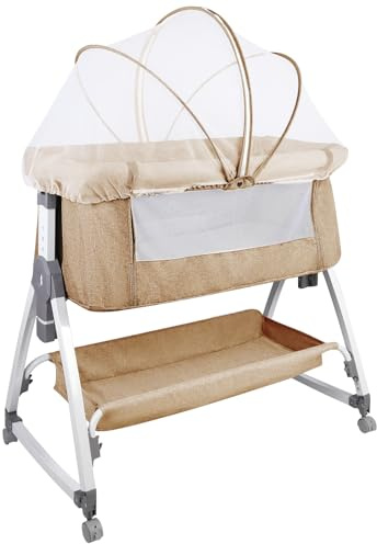 HUOLE Cuna 3 en 1 hasta 30 kg, Cuna de colecho, Cuna Mecedora, Ajuste de Altura e inclinación del colchón, 4 Ruedas con Freno, Colchón Ergonómico, Bolsa-80 * 40 * 100-115cm-blanquecino