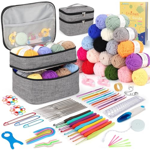 Katech 97 Stück Häkelset für Anfänger Erwachsene, 20 Häkelgarn zum Häkeln Stricken, Häkelbuch Häkelzubehör Häkel Set mit Ergonomisch Häkelnadeln zum Häkeln Schals, Hut, Decke, Häkeltasche Grau