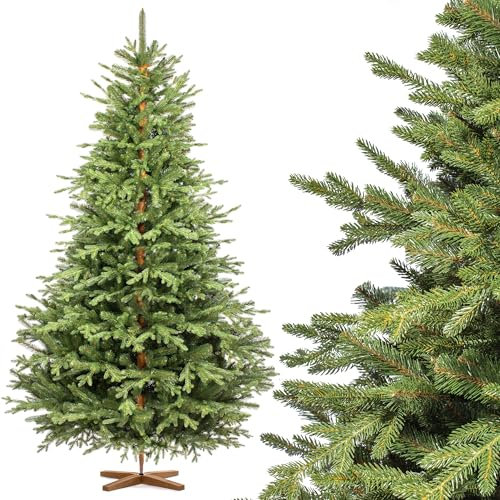 FairyTrees Weihnachtsbaum künstlich 220 cm ALPENTANNE Premium mit Christbaum Holzständer | Tannenbaum künstlich mit Naturgetreue Spritzguss Elemente | Made in EU |