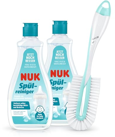 NUK Babyflaskrengöring & flaskborste | 2 x flaskrengöringsmedel, 1 x borste twist för flaska och napp | 500 ml | Perfekt för rengöring av babyflaskor, nappar och tillbehör | doftfritt rengöringsmedel