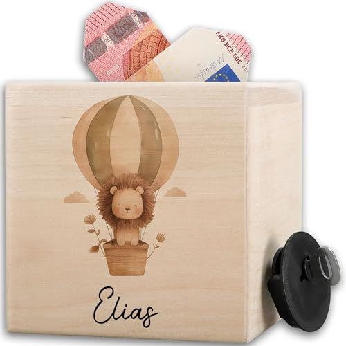 Holz Spardose Süßer Löwe I Geschenk Spardose für Kinder I Taschengeldkasse personalisiert I Spardose Geschenk für Kinder I Sparbüchse mit Name - 10x10cm - Holz - löwe. kinderspardose löwen