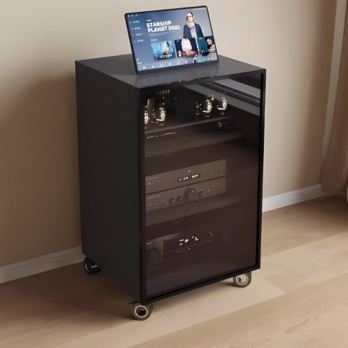YQMHEZ Beweglicher 1/2/3-stufiger AV-Medienständer, Rack-Audioturm mit verstellbaren Regalen, mit Türen aus gehärtetem Glas, multifunktionaler Medien-Stereoständer, CD-Player for DJ/Theater(Gray,21.6