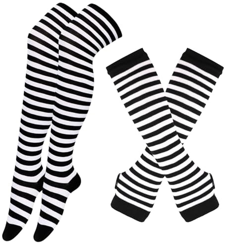 BRTNUP Juego de calentadores de brazos a rayas, calcetines a rayas sobre la rodilla, calentadores de brazos a rayas, guantes sin dedos para niñas y mujeres, B, Talla única