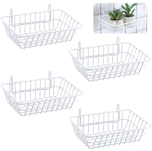 MorningRo 4 Pcs Wall Grid Panel Hanging Wire Basket with Hooks White Small Gridwall Storage and Display Basket for Wall Racks or Wire Shelves, Pantry Kitchen Organizing